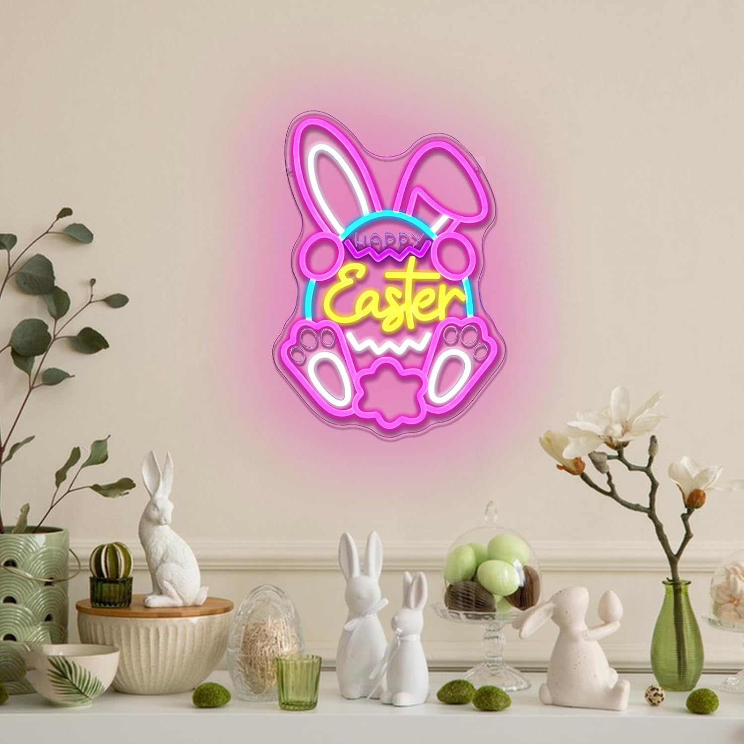 Happy Easter Neon Sign for Wall Decor Dimmable Bunny Egg Led Neon Lights Religious Christian LED Signs for Bedroom Church Home Easter Party Window Decoration Gifts for Kids