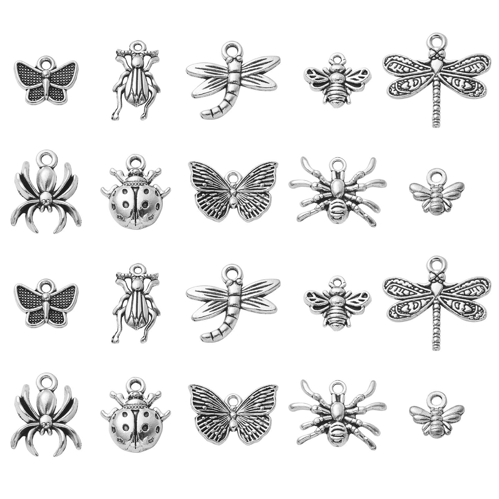 UR URLIFEHALL 100 Pcs 10 Styles Tibetan Silver Insect Charms Vintage Cicada Spider Ladybird Butterfly Dragonfly Charms for Jewellery Making
