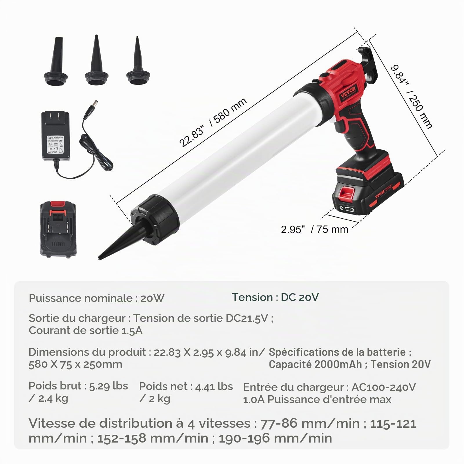 VEVOR Pistolet à Cartouche Électrique sans Fil 600 mL Pistolet à Mastic 20 V Pistolet à Calfeutrer à Batterie 2,0 Ah 4 Vitesses Réglables Anti-goutte Chargeur Rapide pour Calfeutrer, Remplir, Sceller