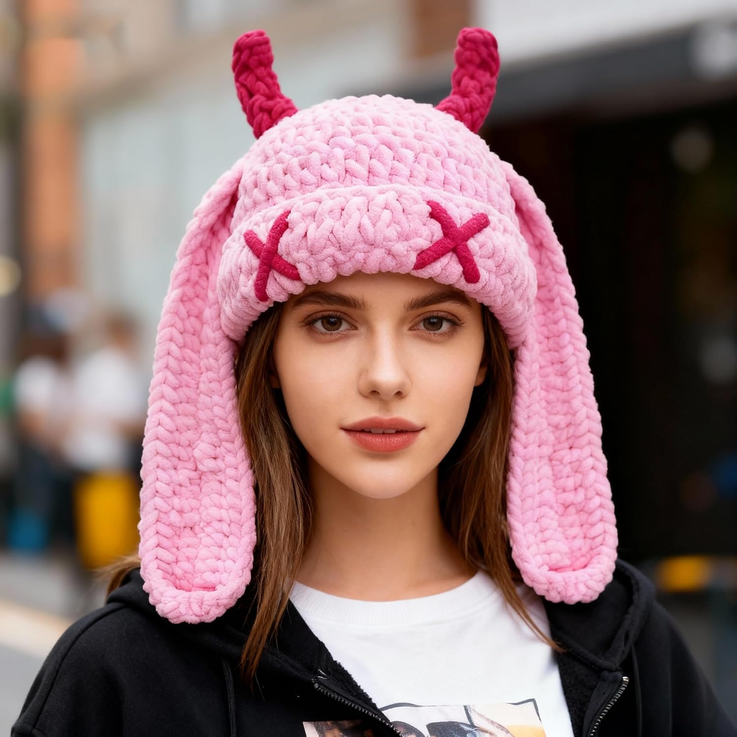 Bunny Chunky Beanie with Devil Horns Cute Chenille Crochet Hat with Long Floppy Ears Pastel Goth Rabbit Winter Skull Cap