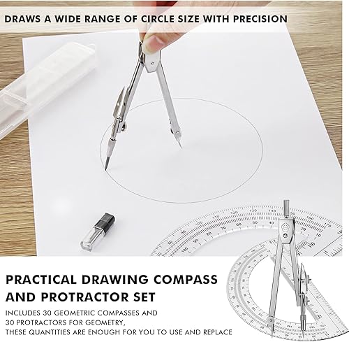 Miniatura 4 de Zonon 100 Pcs Protractor and Compass Set 50 Math Protractor Clear 180 Degree Protractor for Woodworking 50 Metal Compass for Geometry Drawing