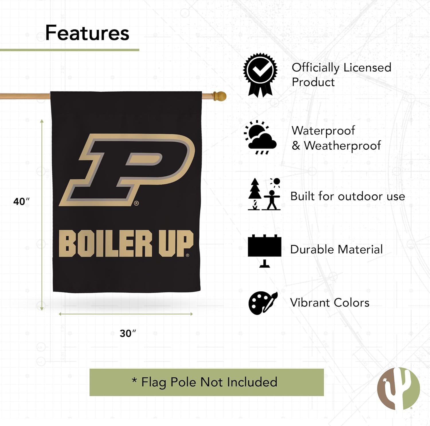 Desert Cactus Purdue University Boilermakers Banner Flag - 40 x 30 inch Double-Sided 3-Ply Banner for Indoor/Outdoor Use, Durable College Spirit Flag (House Flag C)