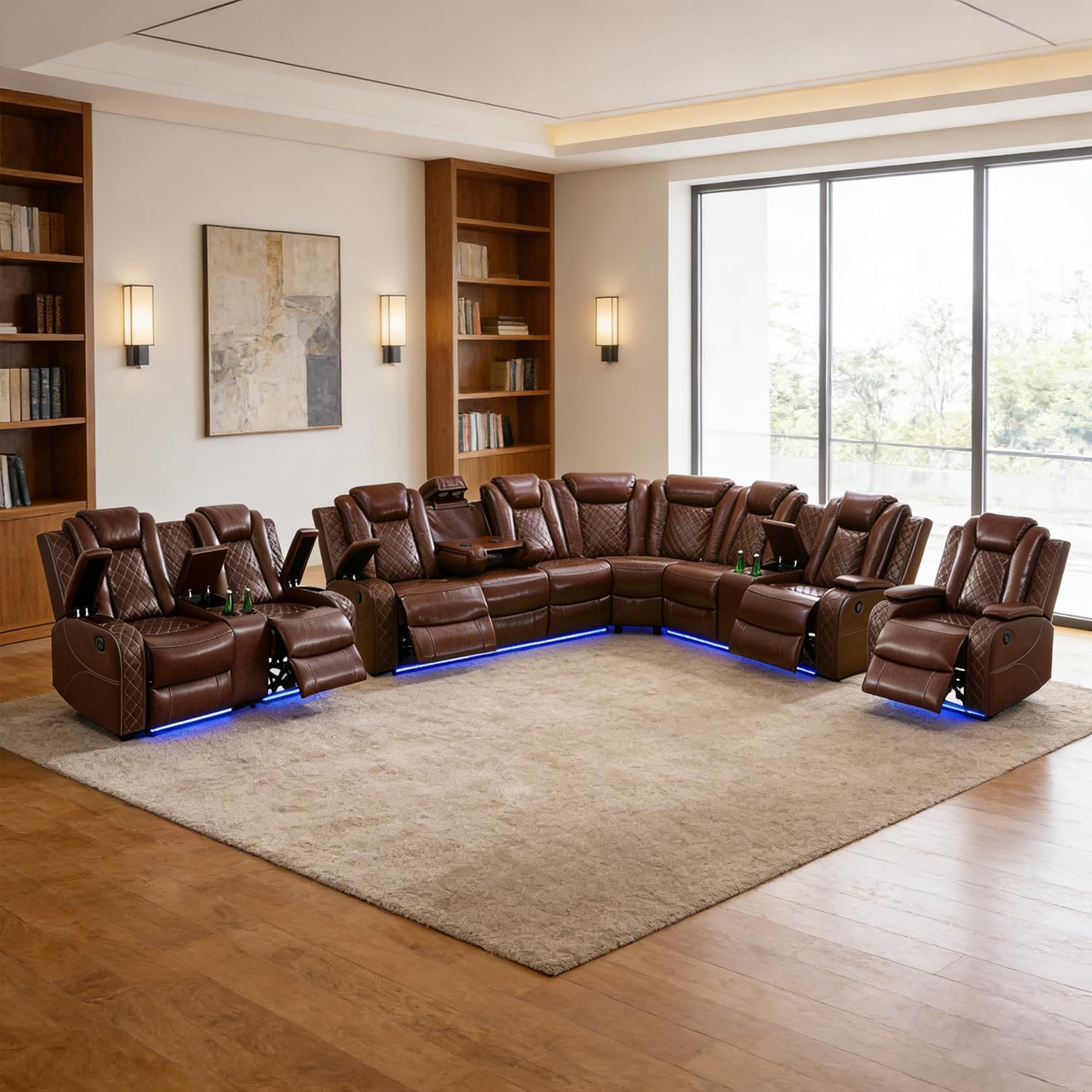 Power Recliner Sectional Sofa Set, Brown Leather Sectional Couch, Loveseat and Chair for Living Room, L Shape Reclining Sofa with Cup Holder, Hidden Storage, Coffee Table for House(9 Seat)
