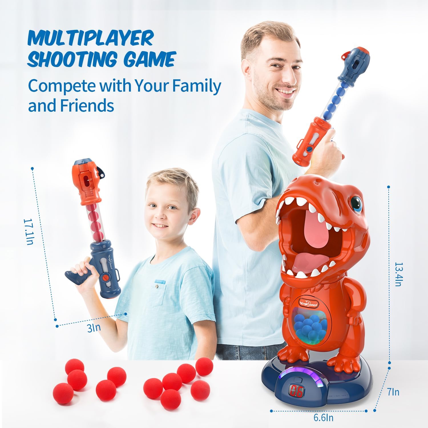 EagleStone Movable Dinosaur Shooting Toys for Kids Games with 2 Air Pump Gun, Party Toys with Score Record, LED & Sound, 48 Foam Balls Electronic Target Practice Gift for Boys and Girls