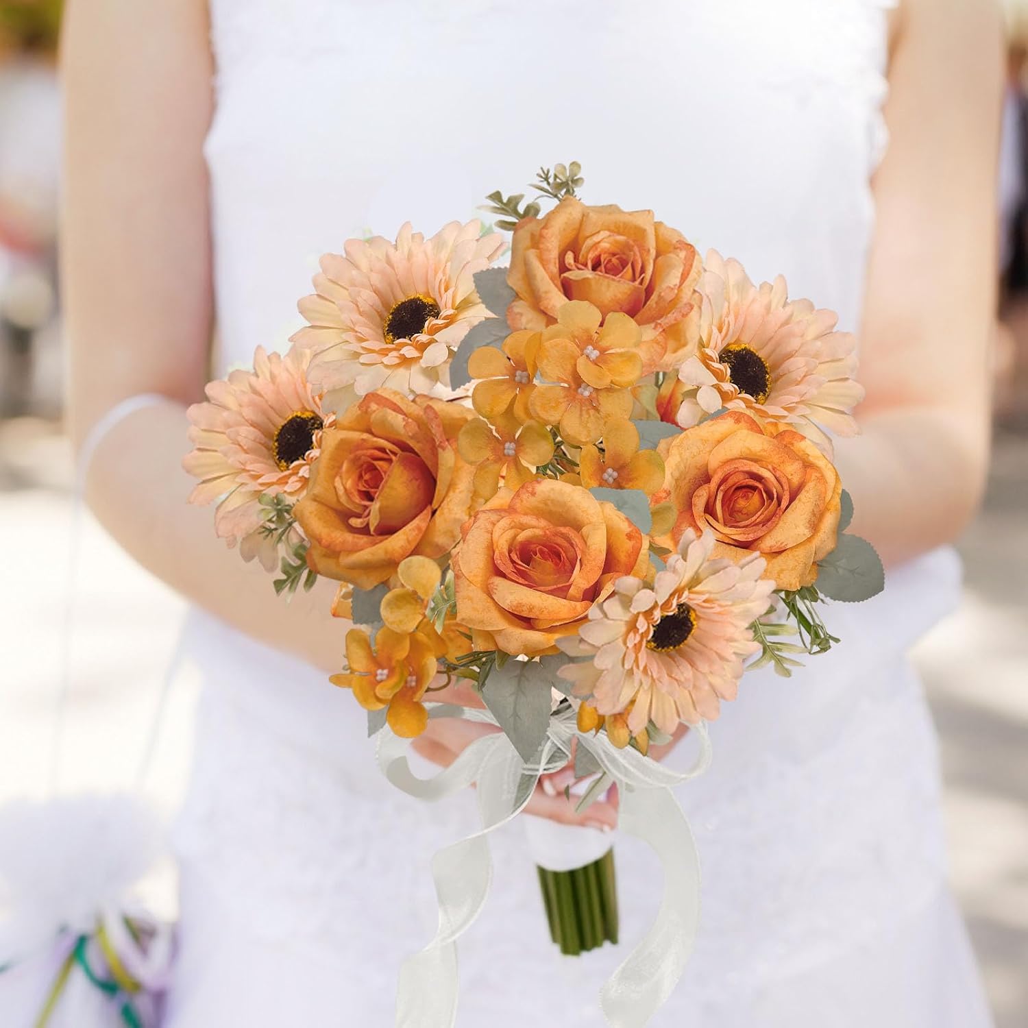 Daily Treasures Artificial Silk Flower Bouquet Box - Faux Flower with Stems in Gift Box, 4 Artificial Roses, 4 Gerberas, 2 Hydrangeas & Ribbon, Arrangement for Wedding Birthday Party (Yellow &Orange)