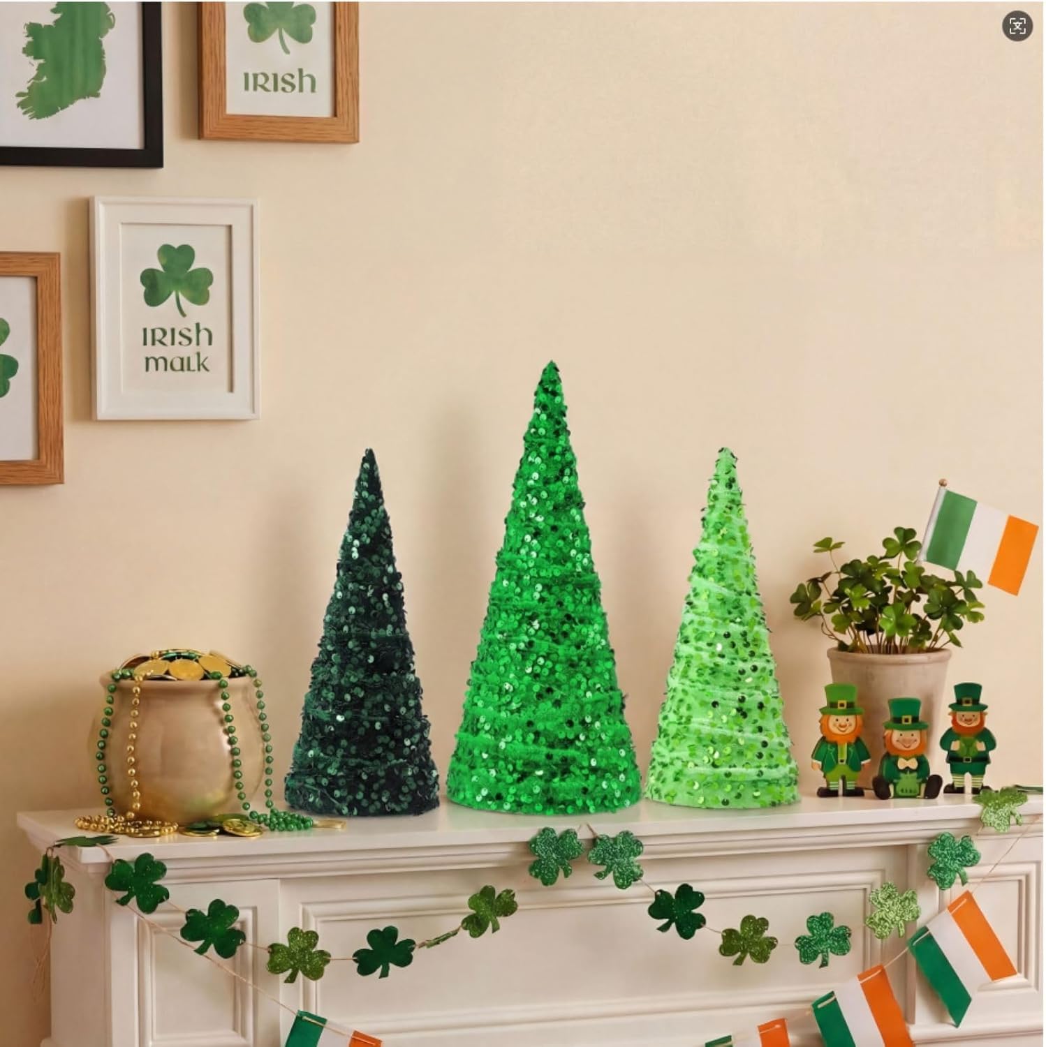 Beeveer 6 Pcs Glitter St. Patrick's Day Cone Tree Green St. Patrick's Day Table Decorations Table Centerpiece Tiered Tray for Shelf Room Fireplace Indoor Home Kitchen Decor Farmhouse Party Decoration