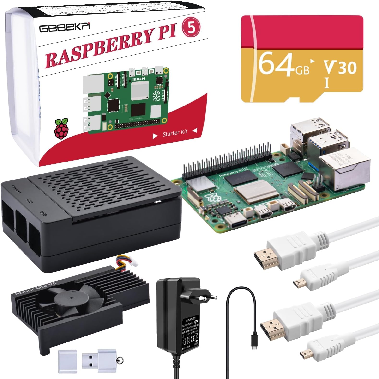 GeeekPi Raspberry Pi 5 4GB Starter Kit mit 64GB SD Karte, Raspberry Pi ...