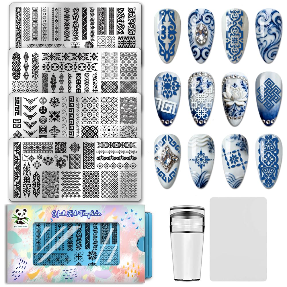 PH PandaHall 4pcs Plaque de Tampon à Ongles à Motifs de Style Chinois Modèle D'Art D'Ongle à Longue Bande Rétro Motifs Floraux Pochoirs à Ongles Bordures Traditionnelles pour Femmes Manucure Décor