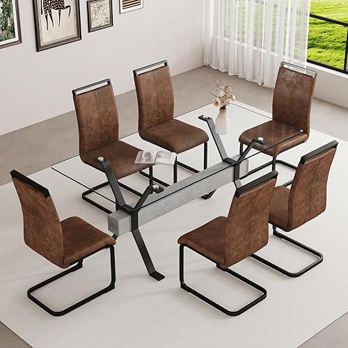 Miniatura 35 de Juego de mesa de comedor de cristal de 71 pulgadas para 6 personas | Juego de mesa de comedor moderno para 6 con sillas de piel sintética | Mesa de