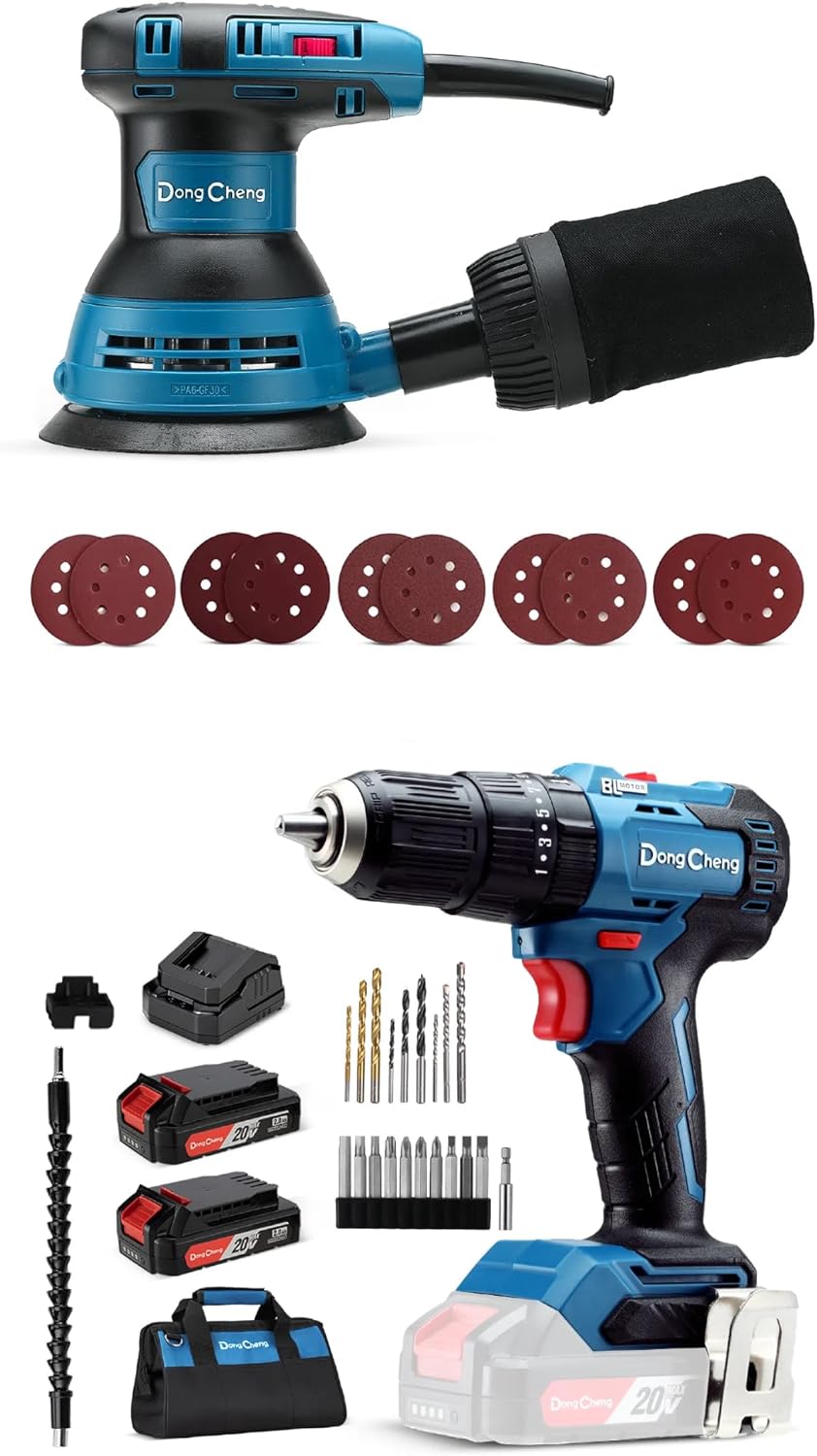 DongCheng 5” Random Orbital Sander, 20V MAX Brushless Cordless 1/2" Hammer Drill Kit
