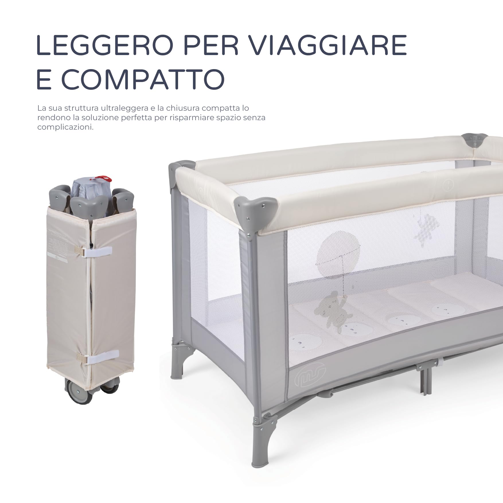 ms Baby World - Lettino da viaggio 120 x 60 cm, per bebè, incluso materasso e borsa per il trasporto, da 0 + mesi fino a 15 kg, facile da piegare e da montare, leggero e stabile