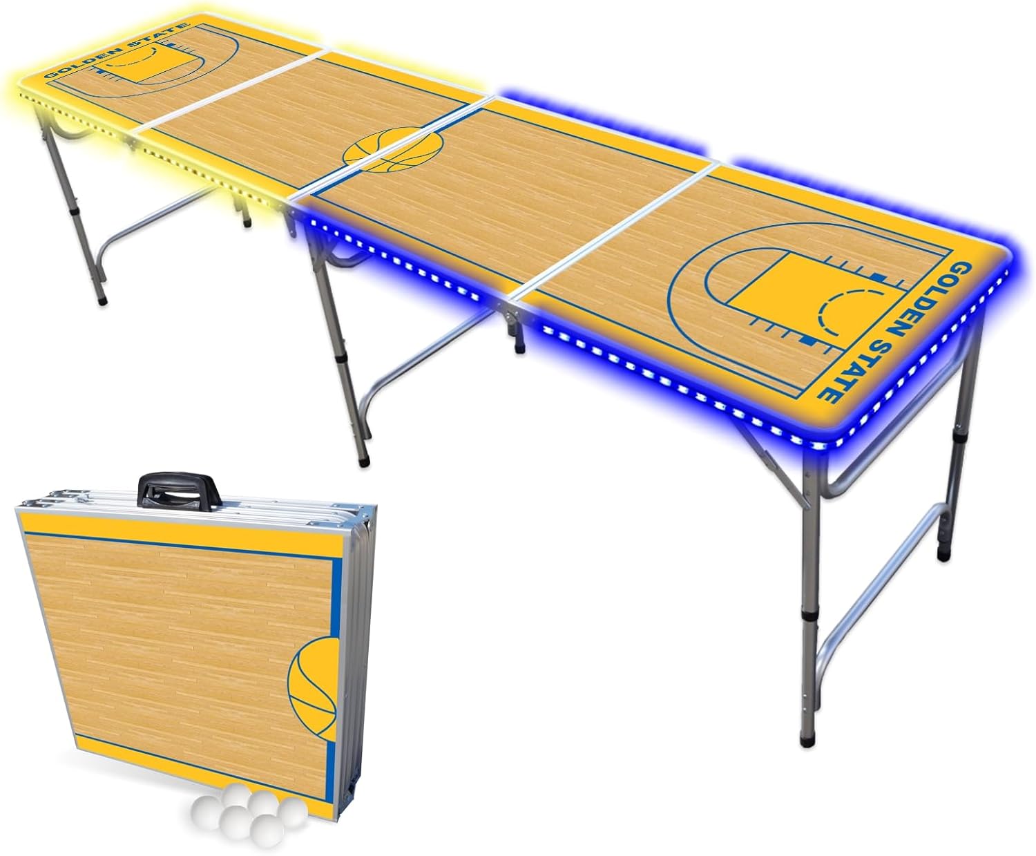8-Foot Folding Portable Pong Table w/Optional Cup Holes & LED Lights - Golden State Basketball Court (Choose Your Model)