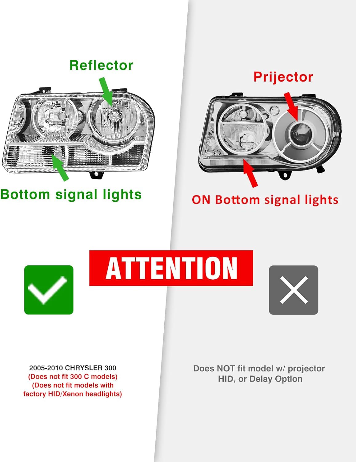 Headlight Assembly for 2005-2010 Chrysler 300 Trims Only 4-Dr Compatible with 2005-2010 Headlamp with Chrome Housing Clear Reflector（Not fit 300C，Not fit Hid）（W/O Bulbs）