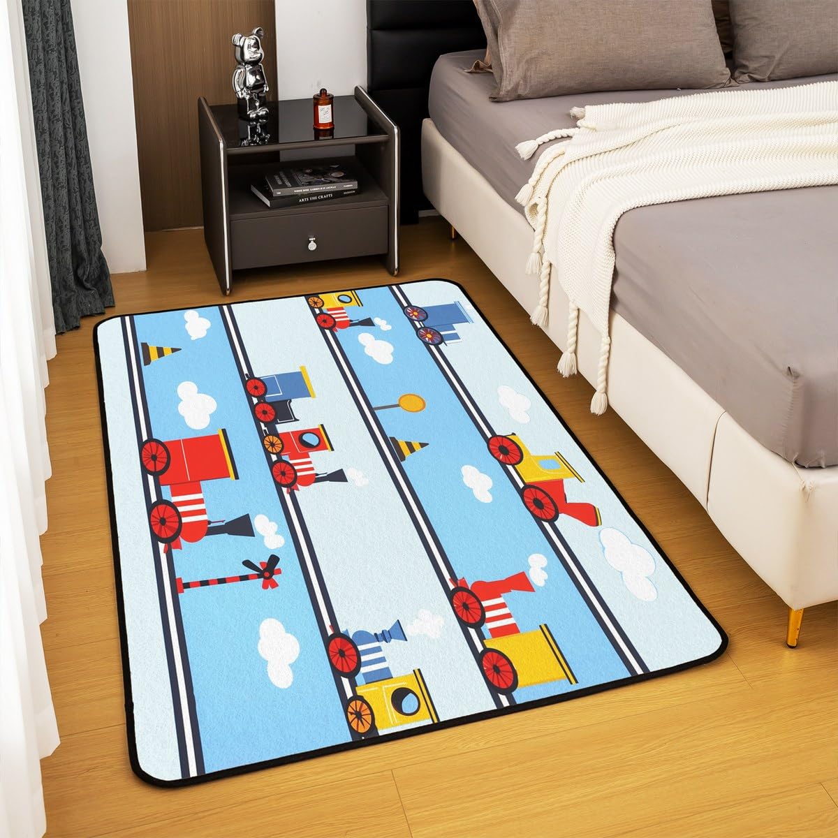 Homewish Dywan do pociągu 150 x 200 cm silnik parowy dywaniki do salonu dla dzieci nastolatków chłopców retro tory kolejowe transport niebieski czerwony dekoracyjny dywan antypoślizgowa wewnętrzna