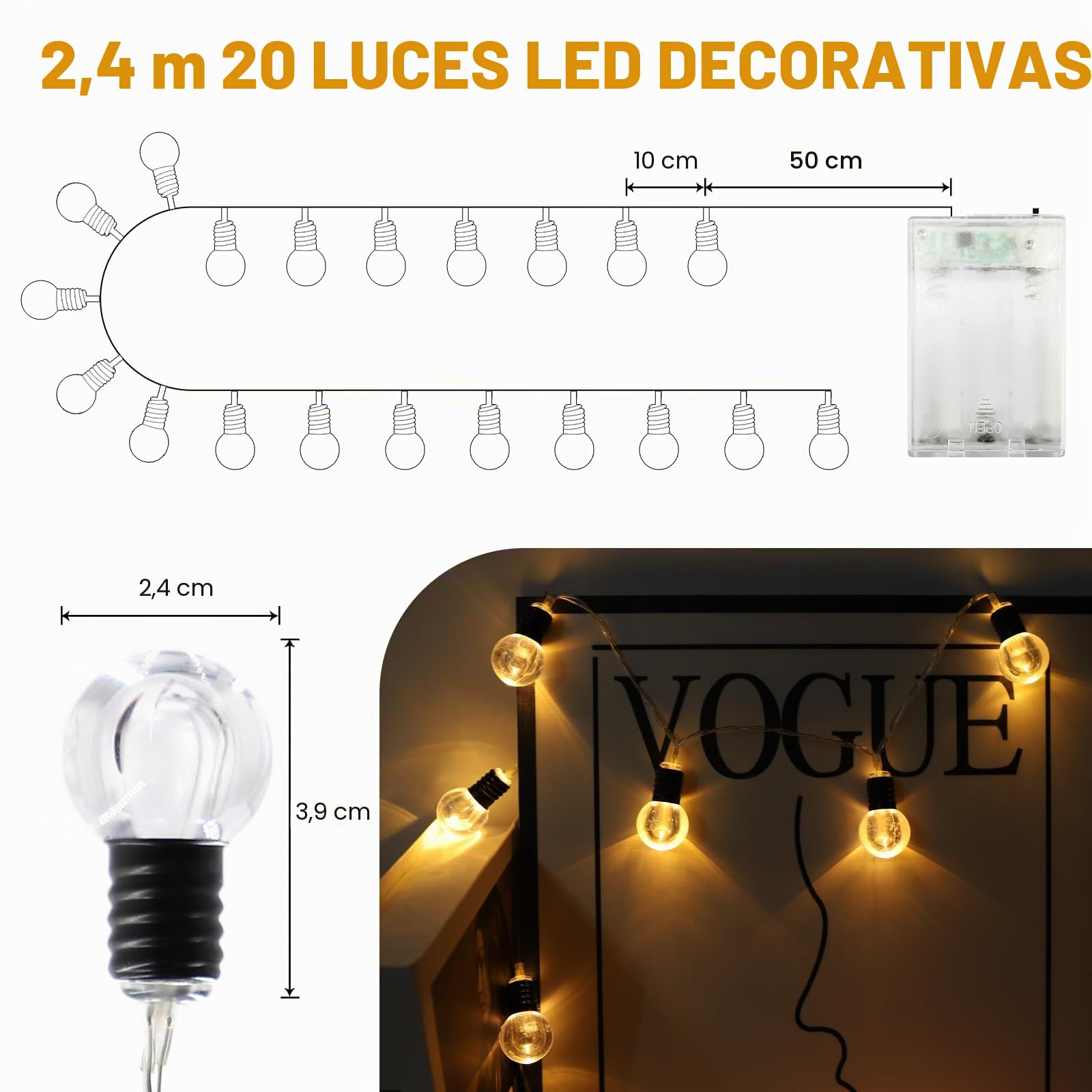 A.bigwhale Guirnalda Luces Pilas -20 LED luces hadas con temporizador, blanco cálido mini bombilla luces de hadas para interior, habitación, fiesta, Navidad, boda, Led pilas decoraciones de Navidad