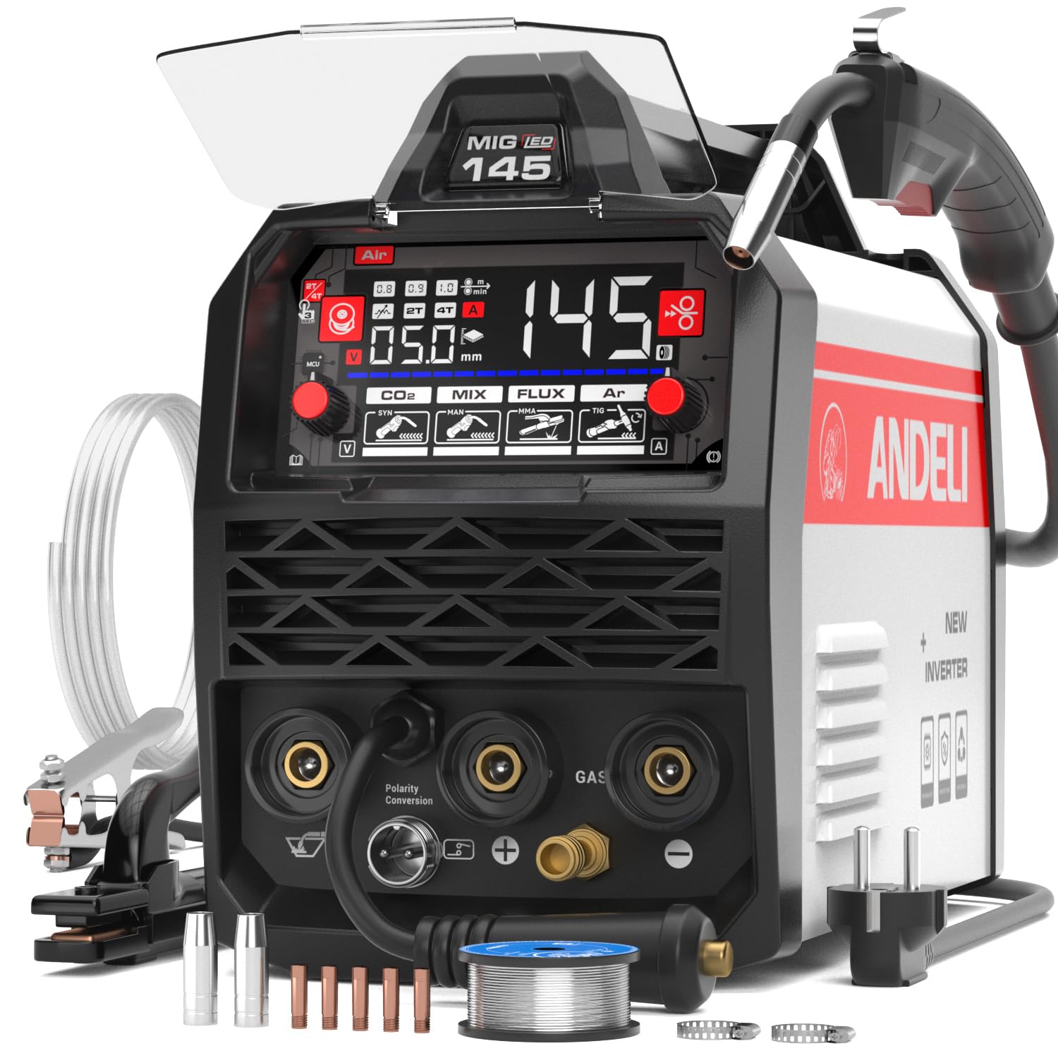 ANDELI 145A 4-in-1 Compact MIG Gas & Tubular Wire Welder | 230V IGBT Inverter | 4.1" LED Display with Protector | Synergy | Hot Start & Arc Force | For MIG, WIG-Lift, MMA