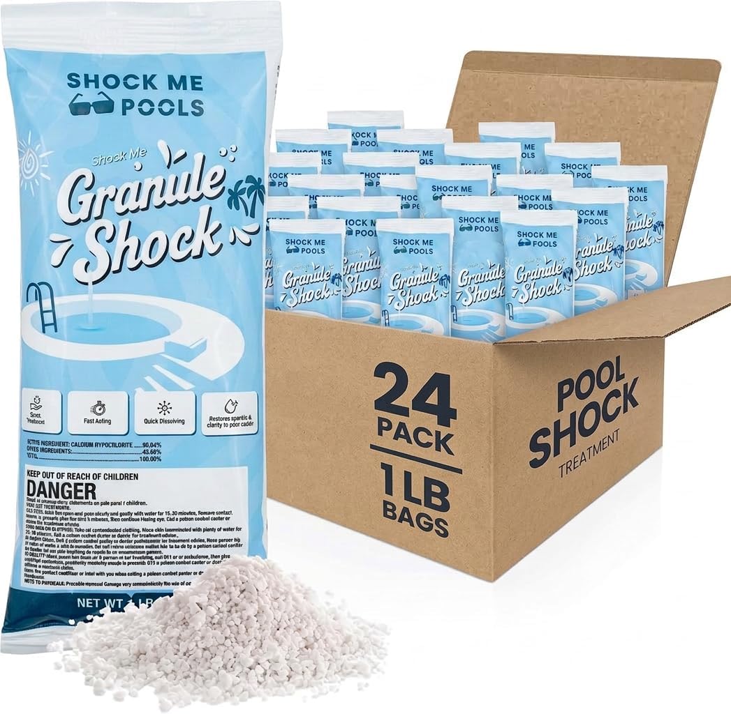 Shock Me Granule Pool Shock – Fast-Dissolving Chlorine Shock Treatment for Swimming Pools – Powerful Pool Water Clarifier & Sanitizer – for Inground & Above Ground Pools – 1 lb Bag (24 Pack)