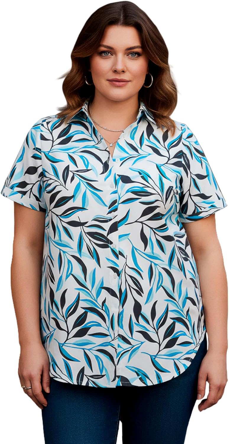 Roaman's Women's Plus Size Kate Short Sleeve Easy Cotton-Blend Button-Front Shirt