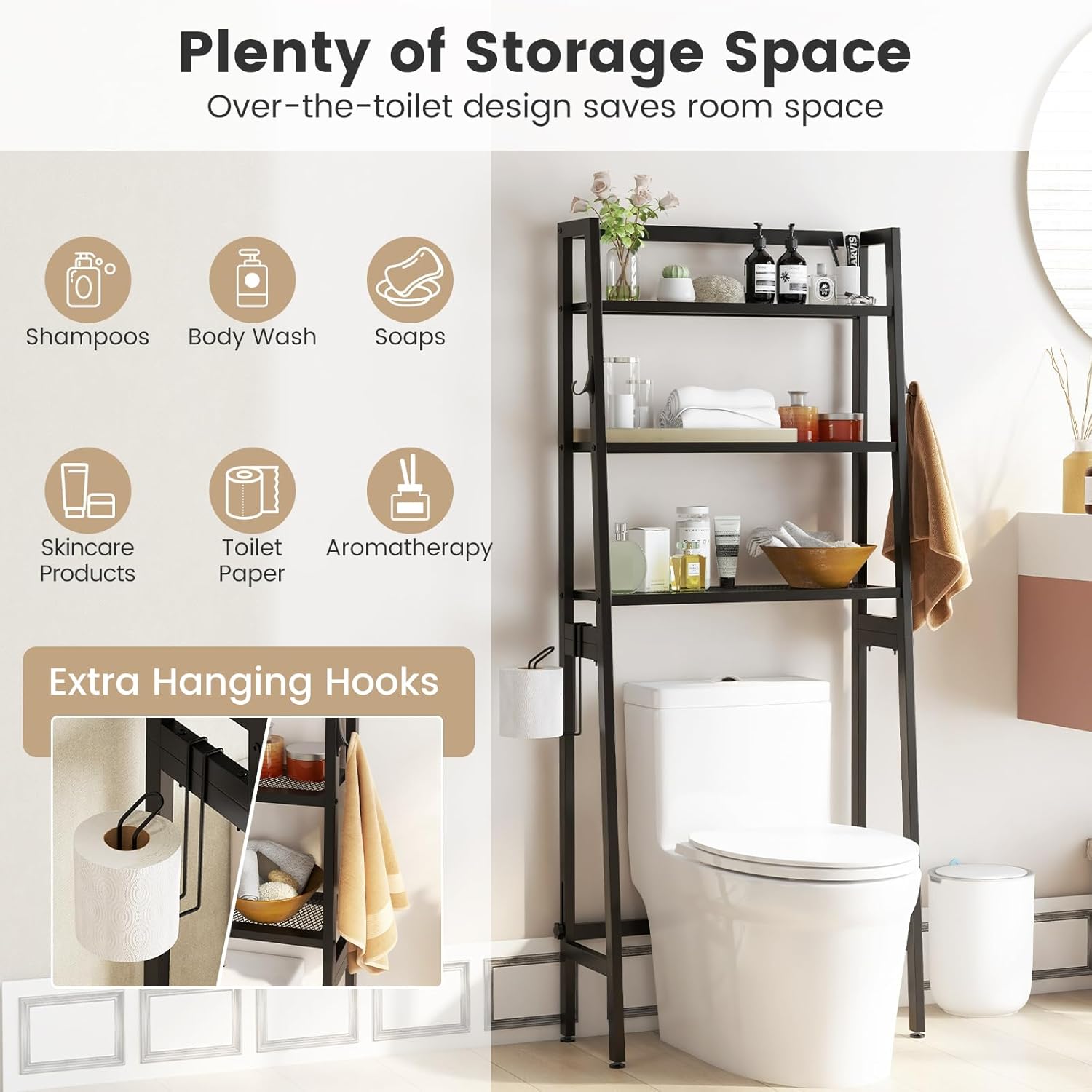 Nightcore Over-The-Toilet Storage, 3-Tier Freestanding Bathroom Organizer Shelf w/ 2 Hanging Hooks & Toilet Paper Holder, Multifunctional Metal Toilet Storage Rack for Bathroom Laundry (Black)