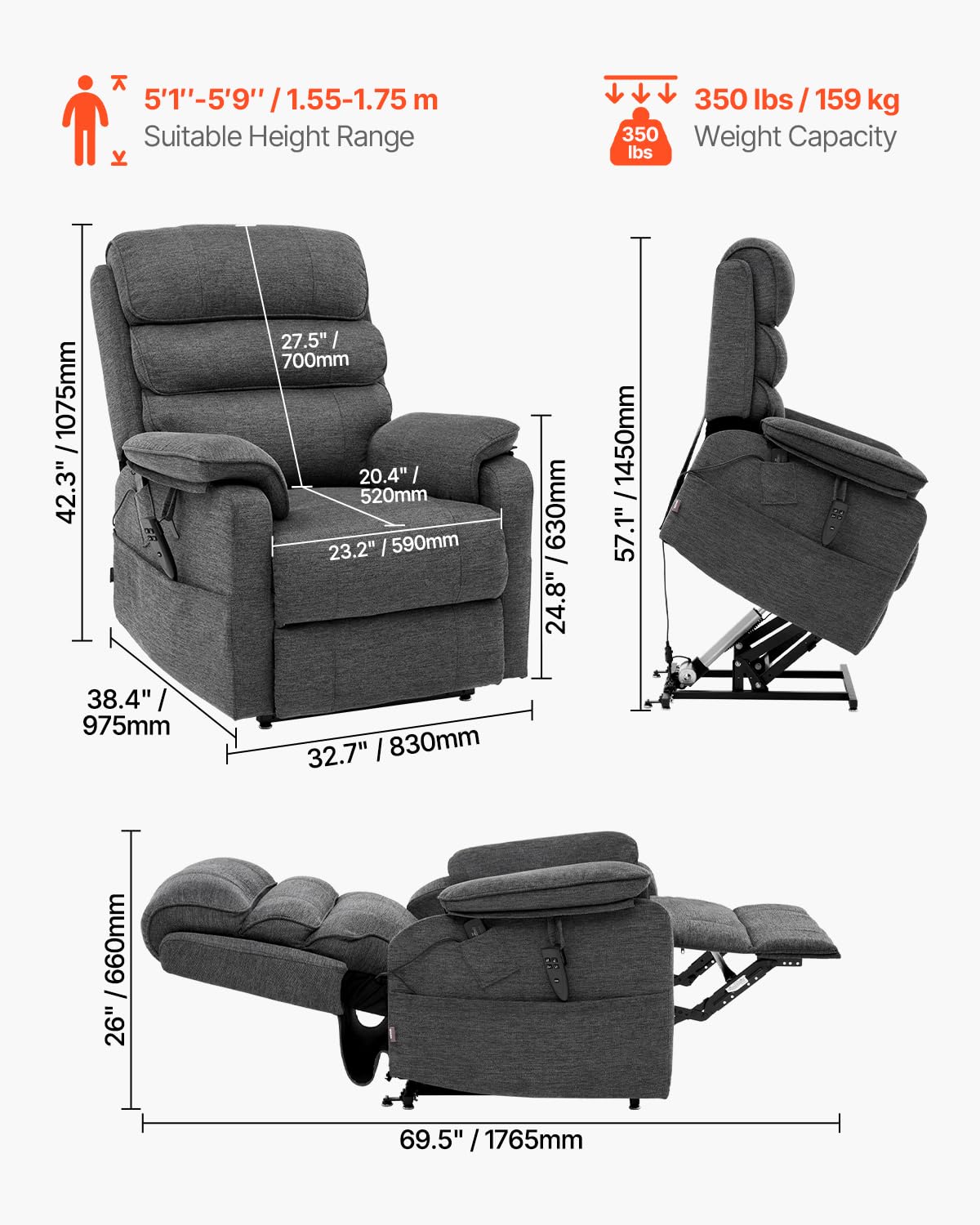 VEVOR Fauteuil inclinable électrique, fauteuil releveur avec chaleur et massage pour personnes âgées, fauteuil relax à double moteur avec 2 cordes anti-chute, réglage de position infini, gris foncé, M
