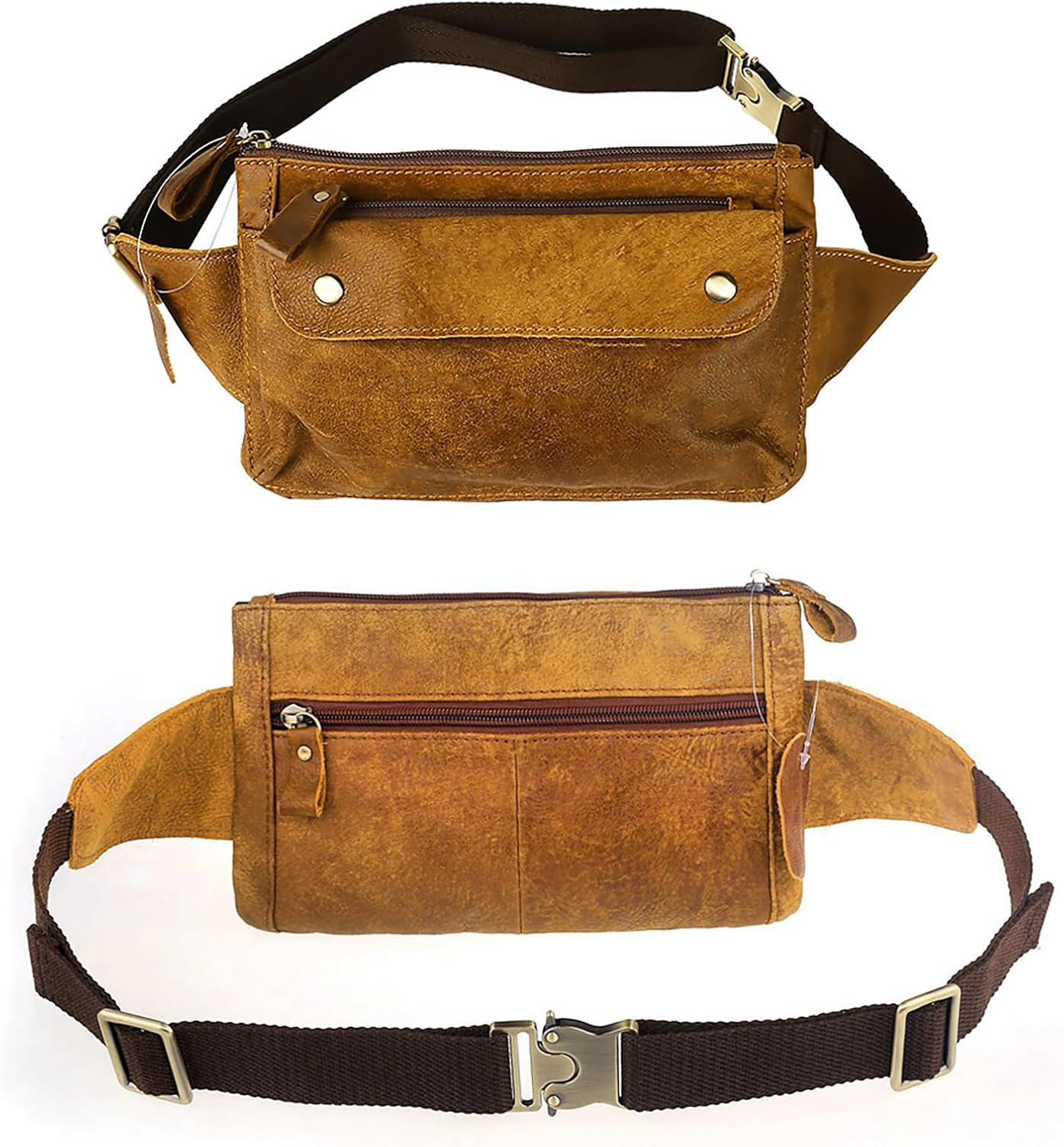 Genuine Leather Waist Bag, Fanny Pack & Bum Bag for Sport Hiking Traveling Climbing, Crossbody Design, Light Brown, Fits Waist Sizes 25"-50” - Image 3