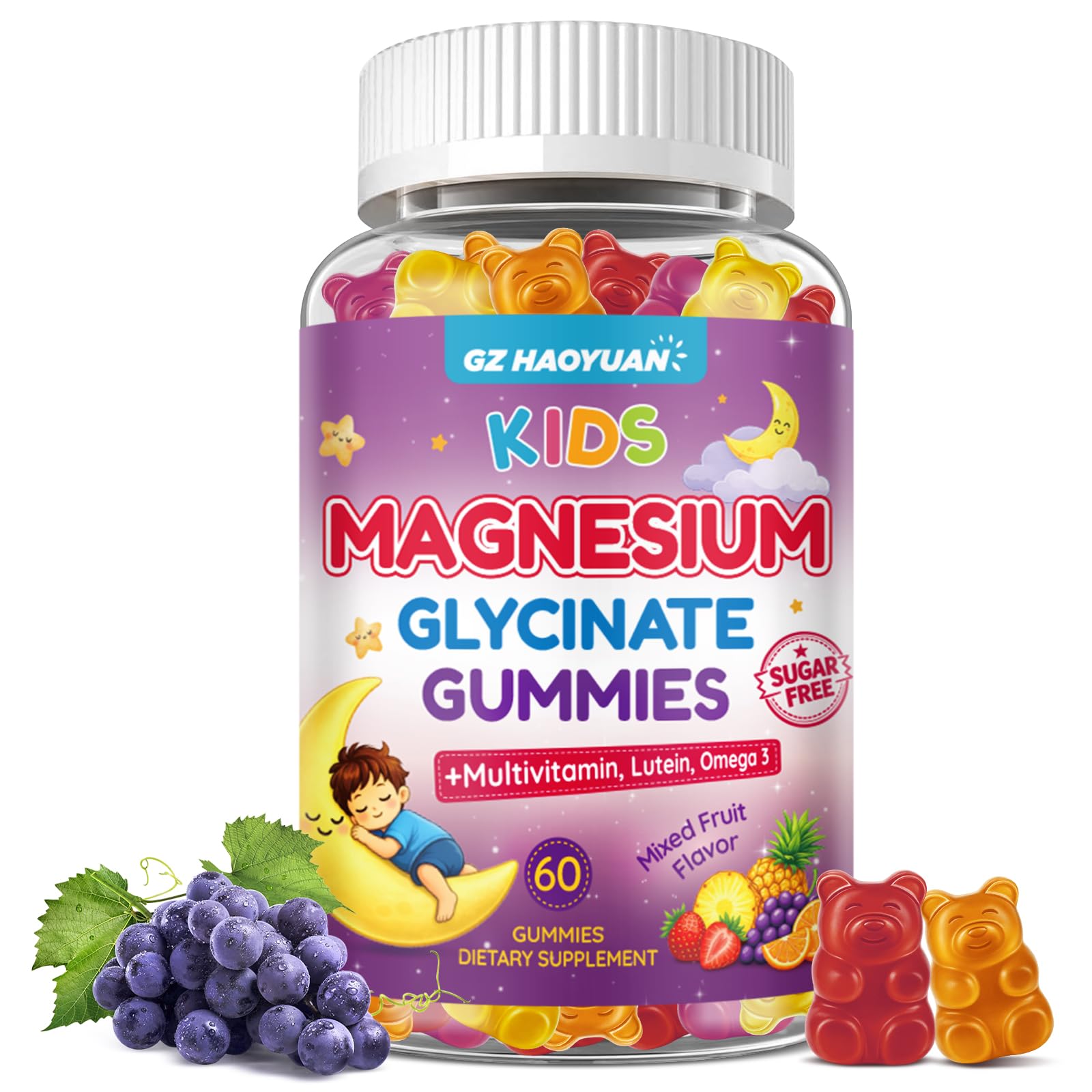 Magnesium Glycinate Gummies for Kids 4+, Sugar Free Mixed Fruit Flavor, Magnesium Supplement with Multivitamin, Lutein, L-Theanine, Supports Sleep, Stress Relief, Muscle Health, Eye, Calm Mood, 60Cts Mixed Fruit 60 Count (Pack of 1)
