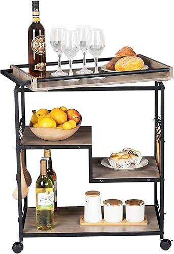 Tektalk Carrito de bar, carrito de servicio de cocina, carrito de vino, carrito de café, carrito de almacenamiento, carrito de bar de 3 niveles con