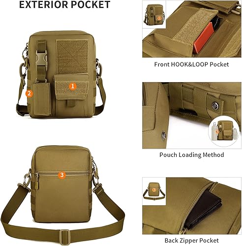 Miniatura 9 de Wowelife Bolsa de mensajero de lona pequeña, Bolso de hombro negro clásico vintage, Bolso táctico pequeño marrón, Crossbody Casual Pack