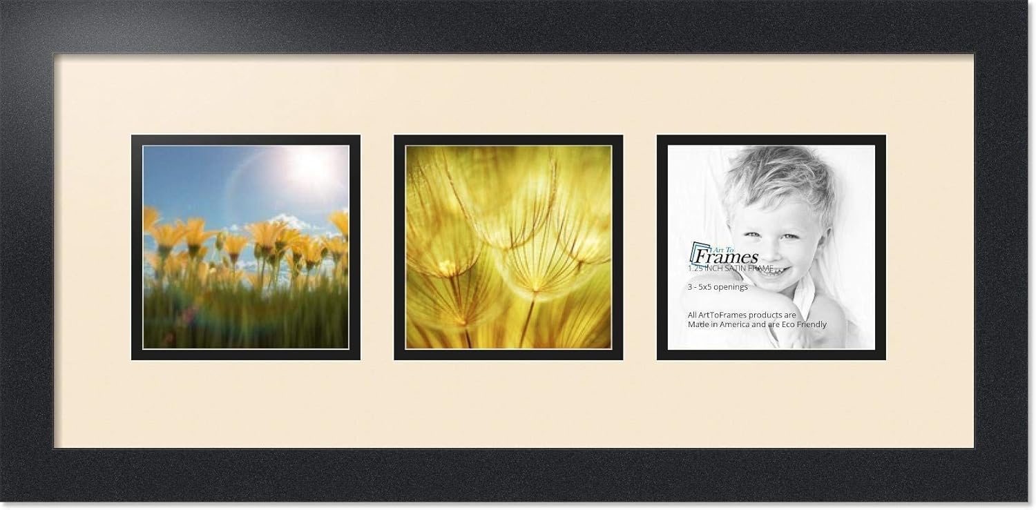 ArtToFrames Collage Photo Frame Double Mat with 3 - 5x5 Openings and Satin Black Frame