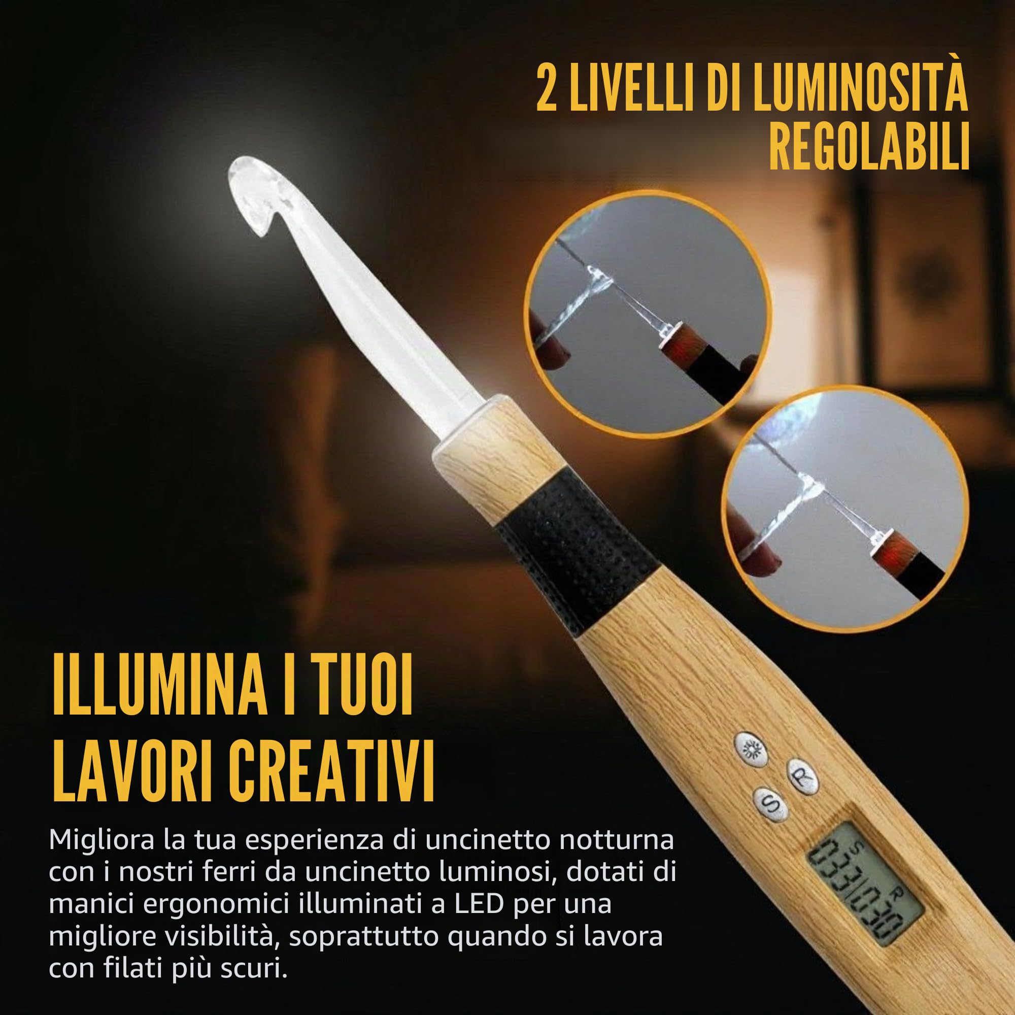 Set di uncinetti e maniglie, 18 ganci luminosi in alluminio e plastica, impugnatura morbida ergonomica, con indicatore digitale a LED, kit per lavorare a maglia, facile da usare