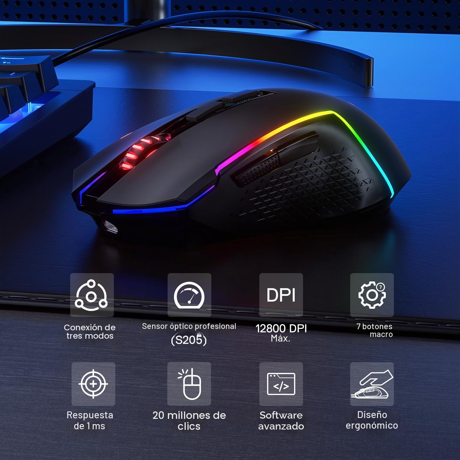 Redragon Ratón inalámbrico para juegos M693 LIT, 8000 DPI con conexión de 3 modos, BT y 2.4G inalámbrico, 7 botones macro, capacidad de alimentación fiable para PC/Mac/Laptop