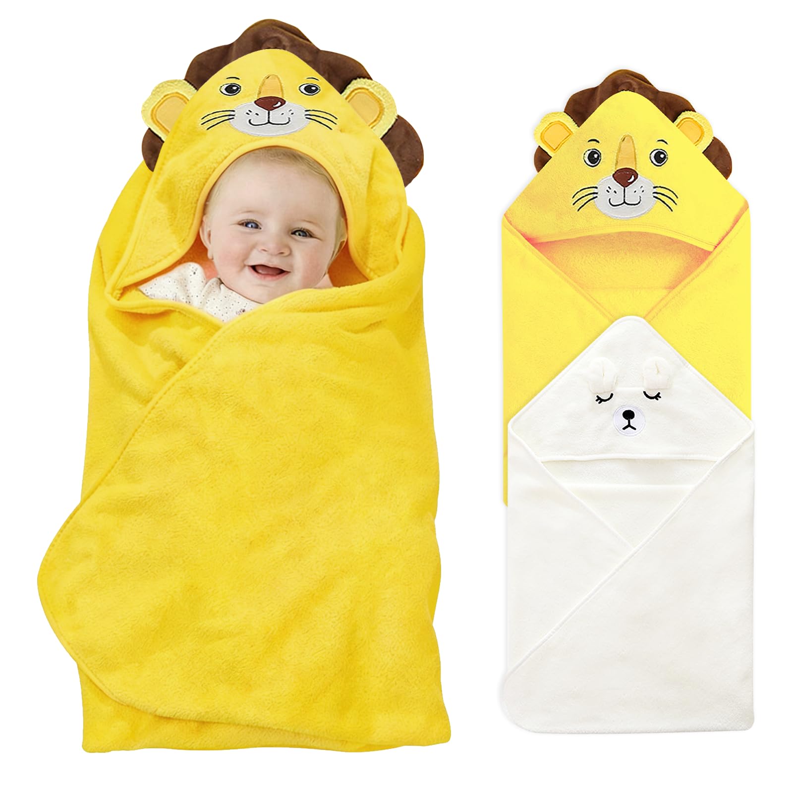 NHTJTHE 2Stück Baby Handtuch Kapuze, 80 X 80 cm Kapuzenhandtuch für Babys,niedliche Tier-Form, Weißer Bär und gelber Löwe, für Babybaden Unisex