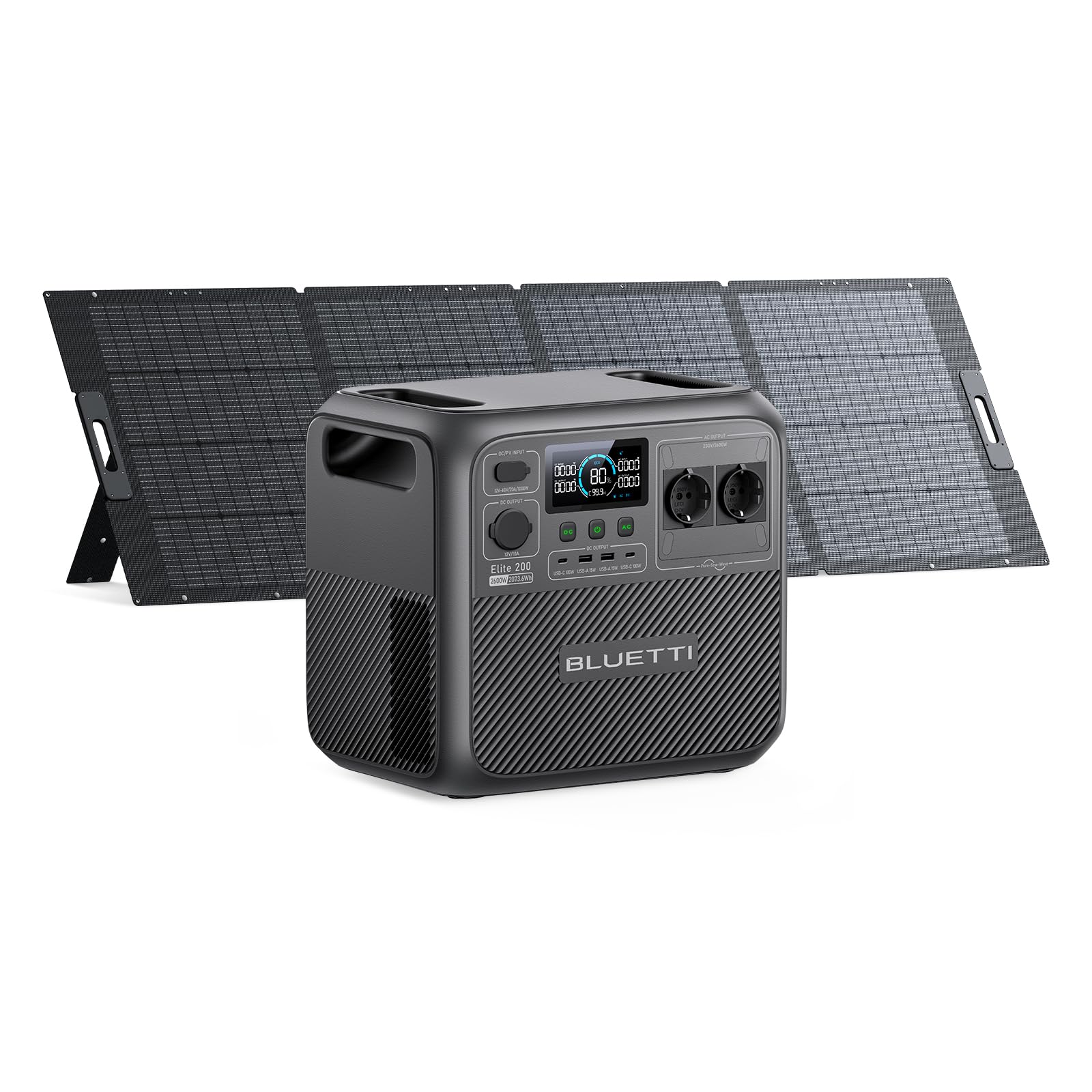 BLUETTI Elite 200 V2 Solar Generator (2025 Neu) mit 350W Solarpanel, 2073,6Wh Tragbare Powerstation mit 2 2600W AC Ausgängen, 17 Jahre Lebensdauer LiFePO4 Notstrom für Camping, Off-grid, Stromausfall