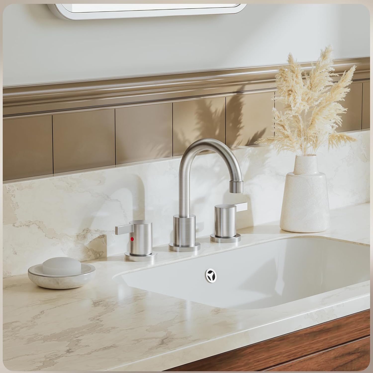 Widespread 8 Inch Lead-Free Brushed Nickel Stain-Resistant Bathroom Faucet(Stainless Steel), 2 Handle 3 Hole Swivel Spout RV Bathroom Vanity Sink Faucet with Metal Drain & Supply line, BF03042-K01-GBN - Image 2