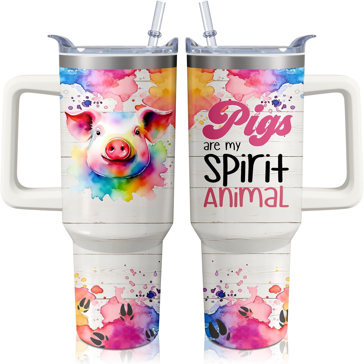 40oz Pig Tumbler with Handle and Straw, Stainless Steel Insulated Cup with Lid and Straw, Travel Coffee Mug Water Bottle, Birthday Mothers Day Gifts for Women Men Animal Lovers