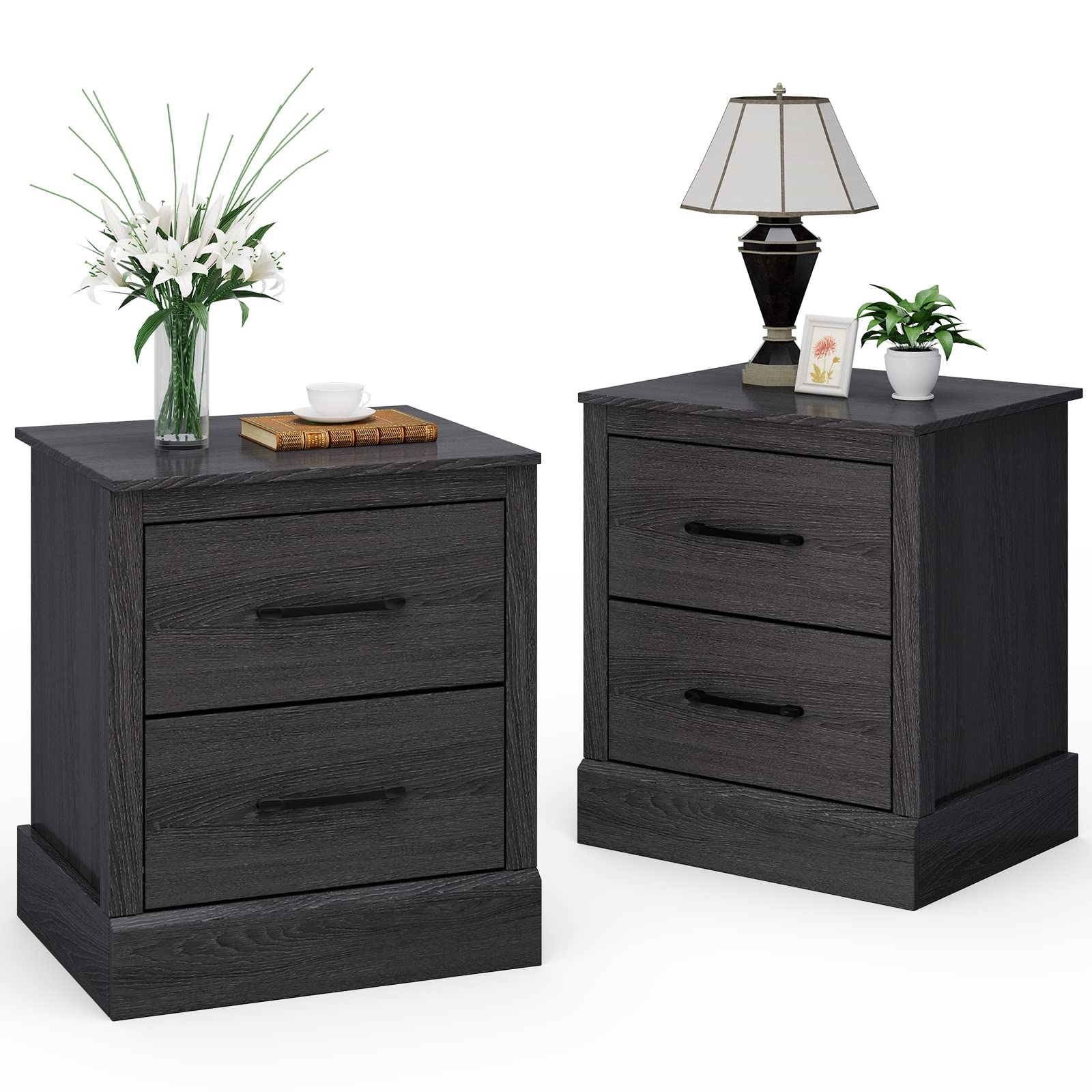Giantex Farmhouse Nightstand Set of 2, Wood Bedside Table with 2 Storage Drawers, Compact Floor Night Stand End Table, Accent Sofa Side Table for