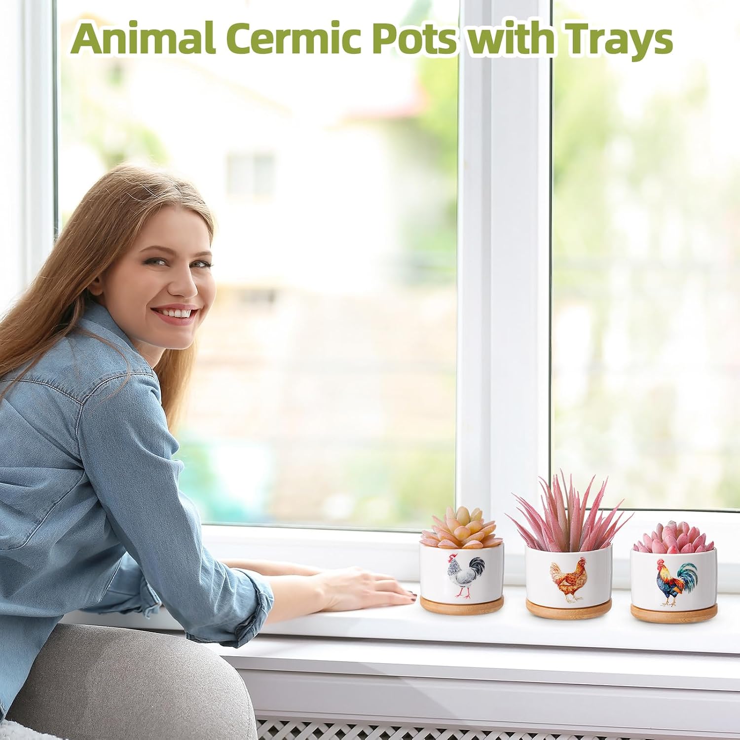 Vesici 3 Pcs Ceramic Succulent Planters with Trays, Animal Pots, Chicken image 4