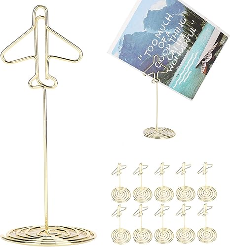 Oumefar Soporte para tarjetas de visita de metal de escritorio con clip de mensaje, soporte para tarjetas de visita de metal, soporte dorado con