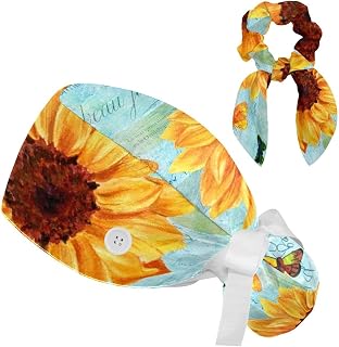 FVQL 2 Pieces Surgical Cap for Long Hair Scrub Cap with Hairband Nurse Cap, Letter Sunflower Butterflies
