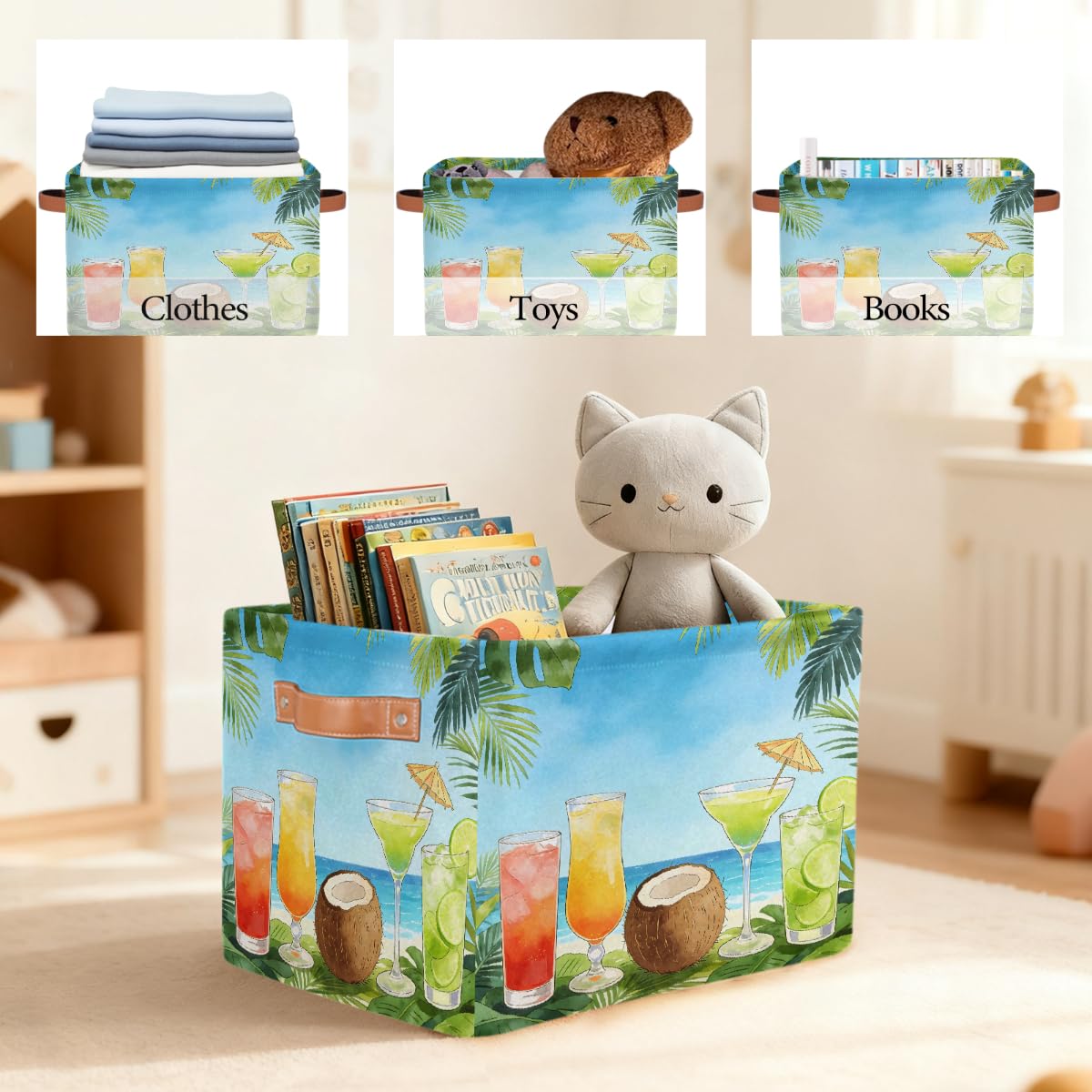 Sommer-Cocktail-Aufbewahrungskorb aus Kokosnuss, rechteckig, mit Ledergriffen, faltbarer Stoff-Aufbewahrungskorb für Schrank, Badezimmer, Wohnzimmer, Büro, Spielzeug, Organizer, Wäschekorb, 2