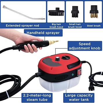 Car Steam Cleaner 2500w High-Temp Portable Machine, Steam Cleaner, 2500w Handheld High-Temperature Pressurized SteamCleaner, With Gloves, For Home, Auto Detailing (Red)