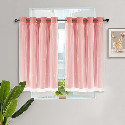 Miniatura 8 de Kinryb Cortinas pequeñas de princesa para dormitorio de niñas con superposición transparente, cortina de doble capa para sala de estar con recorte