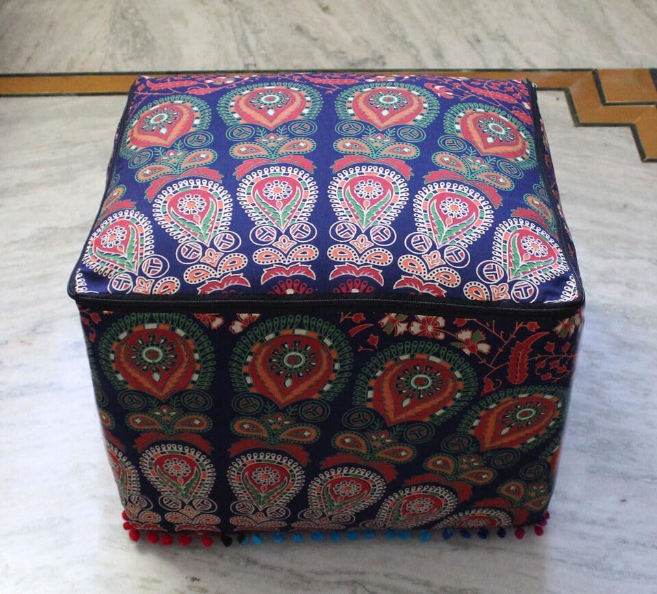 Indian Handmade Mandala | Square Ottoman Pouf Cover | Footstool Seating (Multi Peacock Mandala, 22x22x14)