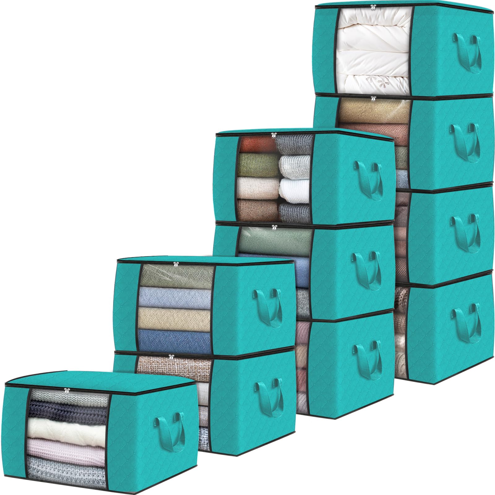 Fab totes 10 Pack Clothes Storage, Foldable Thick Fabric Blanket Storage Bags, Containers for Organizing Bedroom, Closet, Clothing, Comforter,Closet Organization with Handle,Green 10 x 60L Green