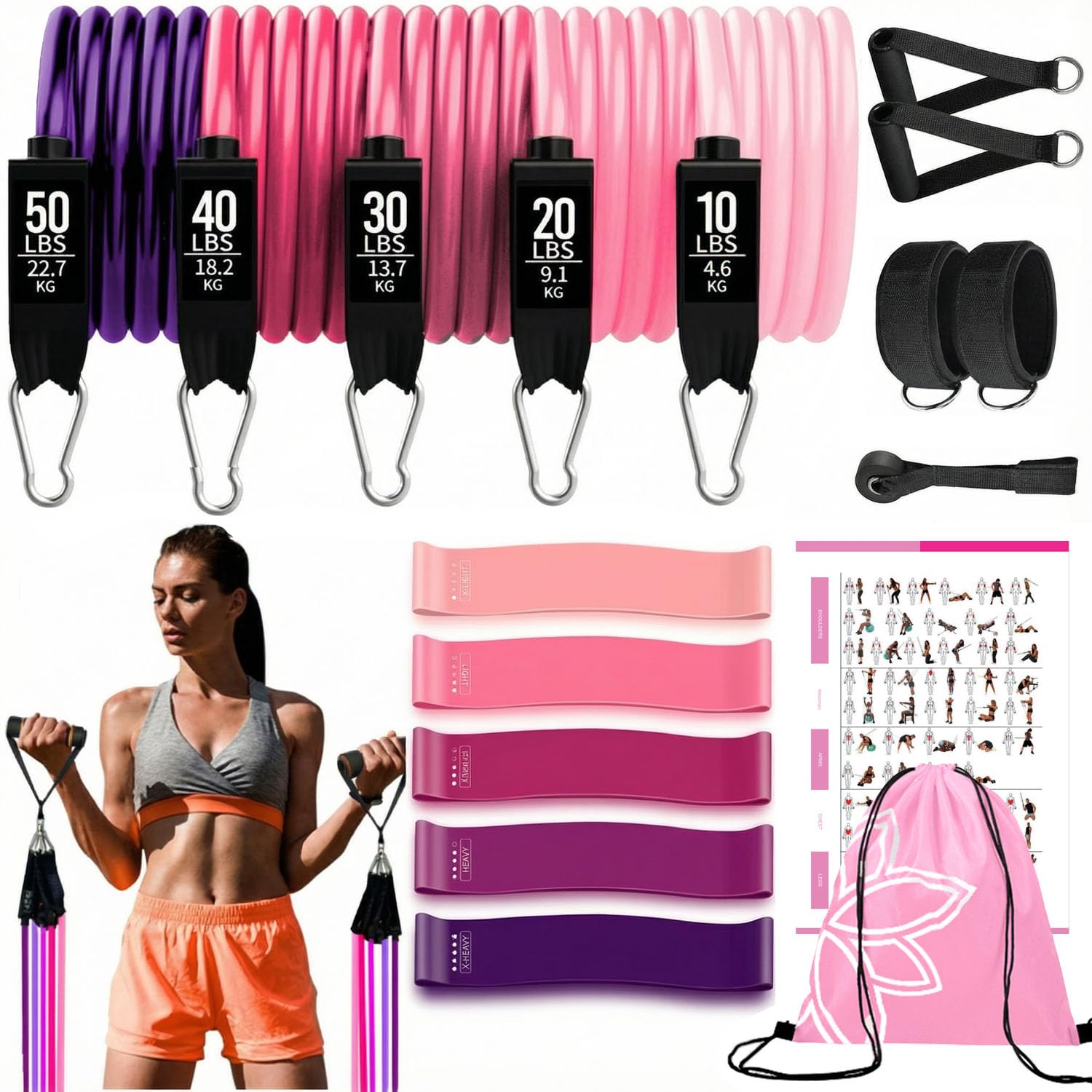 Resistance Bands for Women, Exercise Bands with Handles, 5 Tube Fitness Bands with Door Anchor, Handles, Portable Bag, Legs Ankle Straps for Muscle Training, Exercise Equipment for Yoga, Home, Gym