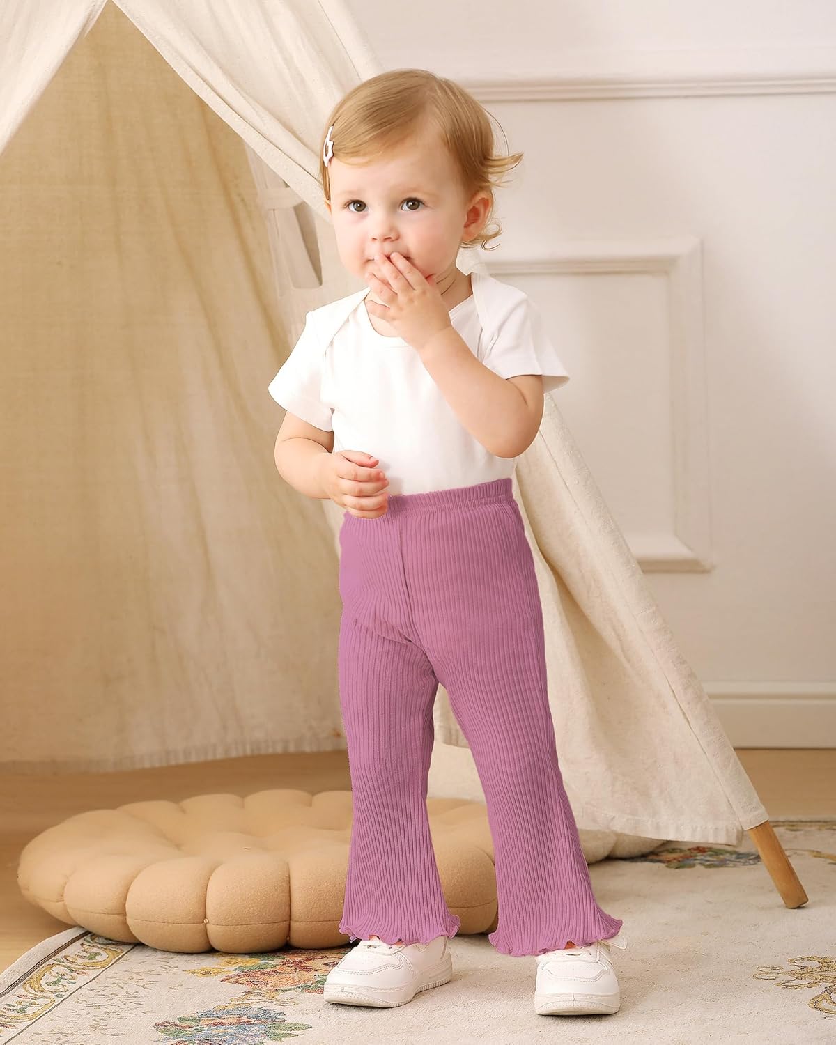 3 Pack Baby Girl Pants: Infant Solid Ribbed Flare Pants Cotton Pull On Bottoms Leggings for Toddler 0-24 Months - Image 3