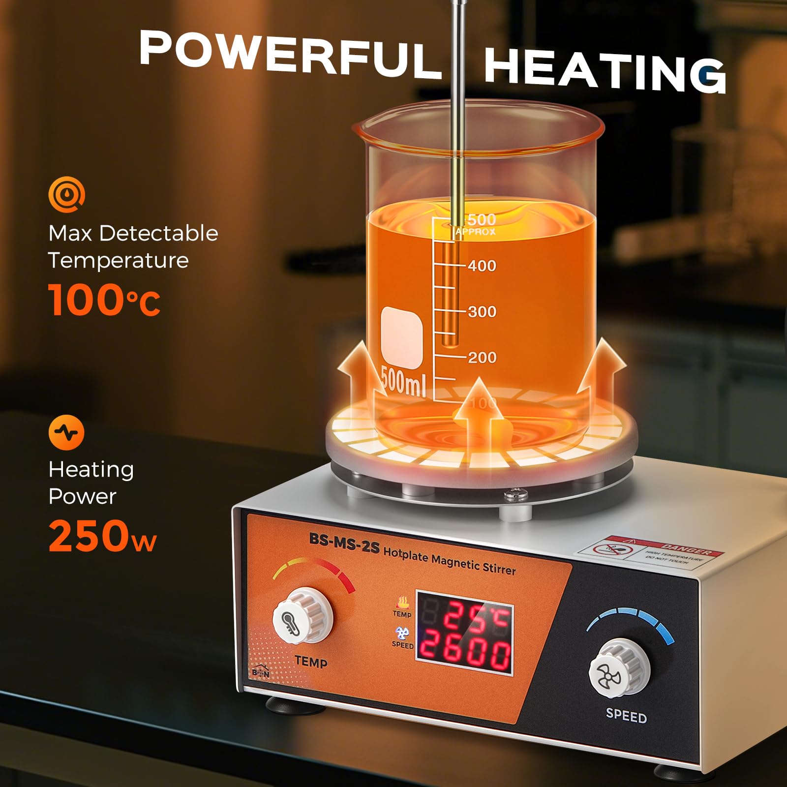 Bonviosin Agitatore Magnetico con Piastra Riscaldante 2L, Display Digitale 700-2600 RPM, Mixer da Laboratorio 100℃ 180W, Asta Supporto Sensore Pieghevole, 120x120 mm (EU)