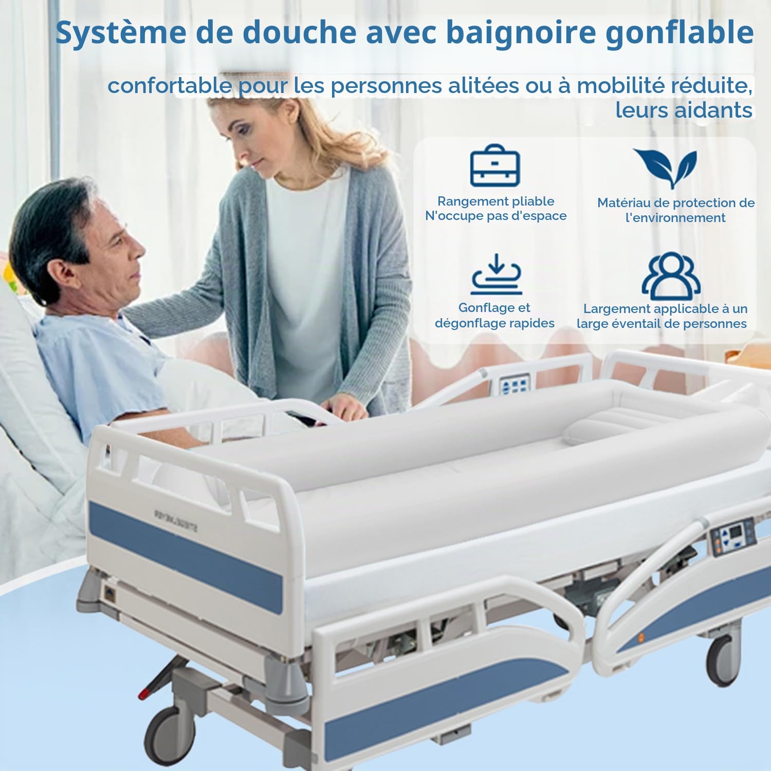 Kit De Baignoire Gonflable Pour Personnes Âgées,Handicapées,Personnes Âgées,Patients Alités,Handicapés,Bain Dans Le Lit,Baignoire Gonflable Avec Sac à Eau Et Pompe à Air,Aide Au Bain Au Lit(Blanc)