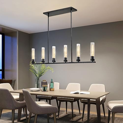 Miniatura 4 de Untrammelife Candelabro lineal de 6 luces 42 pulgadas negro con pantalla de vidrio transparente moderna lámpara colgante rectangular de isla de
