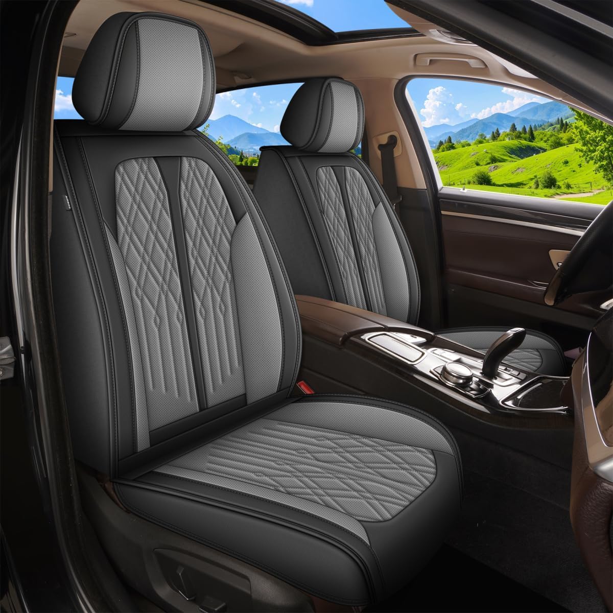DISUTOGO Full Set Car Seat Covers Fit for GMC Canyon 2015-2025 Breathable Faux Leather Waterproof Seat Cushion with Airbag Compatible Automotive Interior Accessories (Black&Grey)-2 Rows 5 Seats